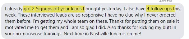 A testimonial to the quality tier one leads you can get in the conversion pros affiliate program leads generation and purchase service