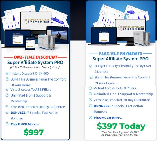 The infographic shows the 3 month installment plan payment of $397  compared with a one time payment of $997 for super affiliate system pro 2022 by John Crestani book pdf mentor coach and trainer of affiliates worldwide